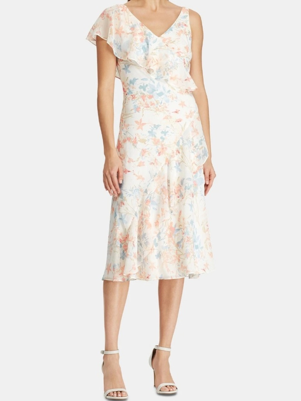 Ralph Lauren Petite 10 Floral Ruffle Midi Dress White Pastels Special Occasion